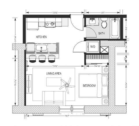 Floor plan for studio, 1 bath, 477 sqft
